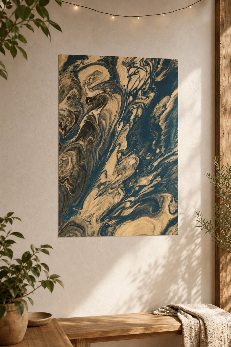 Abstract fluid art print displayed in a neutral room