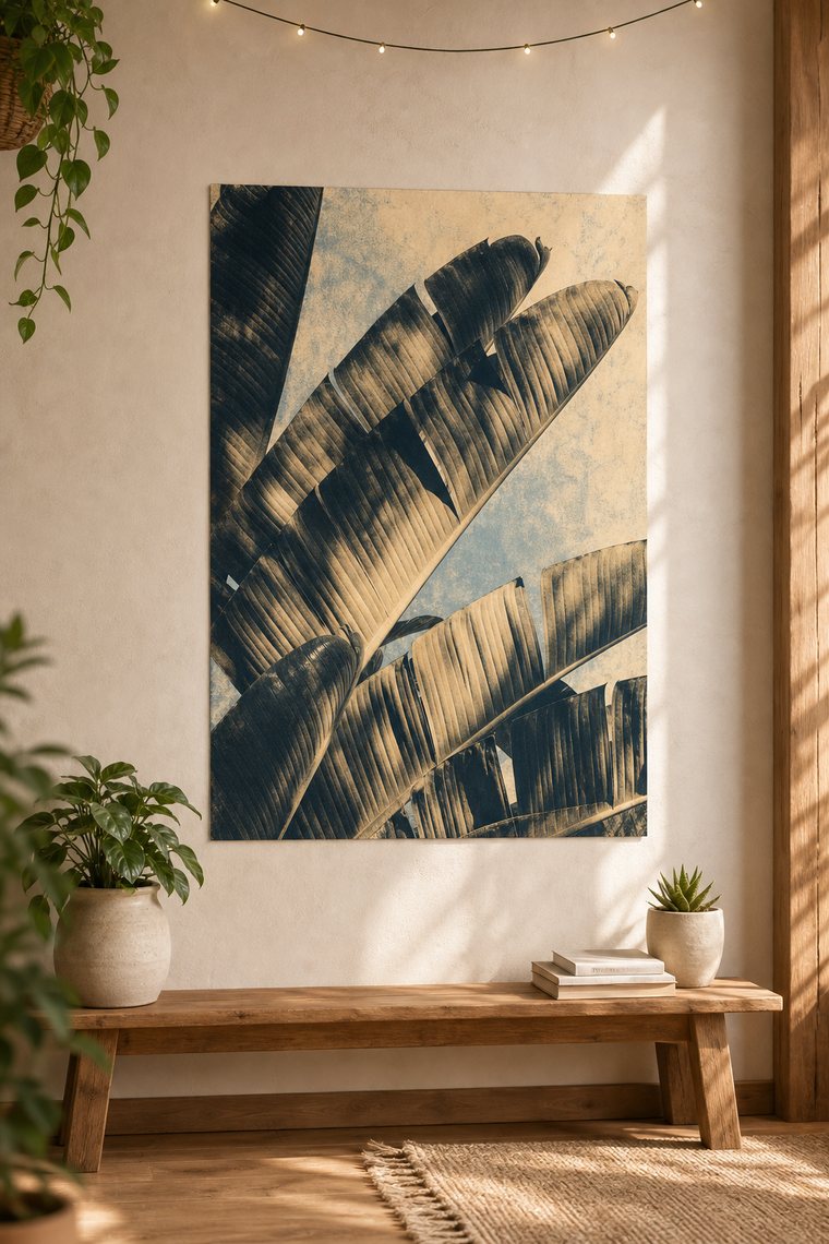Palm leaf wall art displayed in a warm neutral room