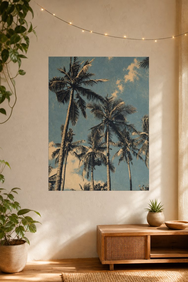 Palm trees wall art displayed in a warm neutral room