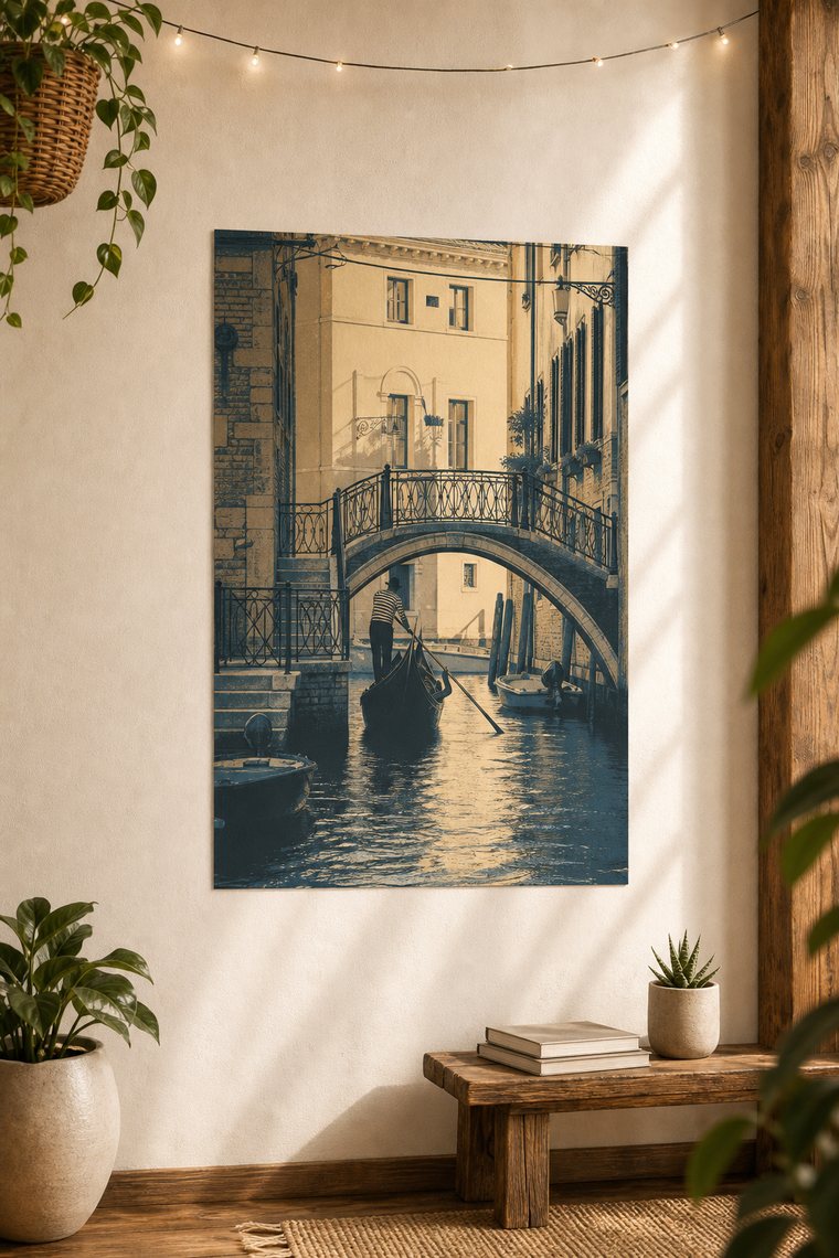 Venice canal wall art displayed in a warm neutral room