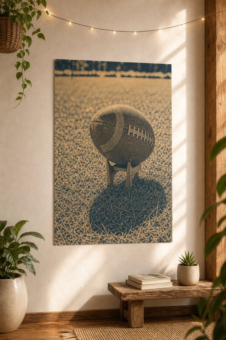 Vintage football wall art displayed in a modern room